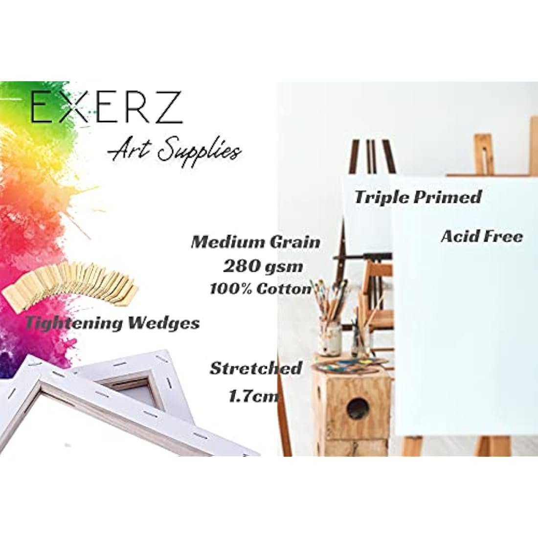 Exerz 50x60cm Pre-Stretched Canvas 4pk - 1.7cm Artist Framed Canvas Blank/ 280GSM 100% Cotton/Triple Primed/Acid Free/Medium Grain/Professional Artist Acrylic Paint, Oil Paint