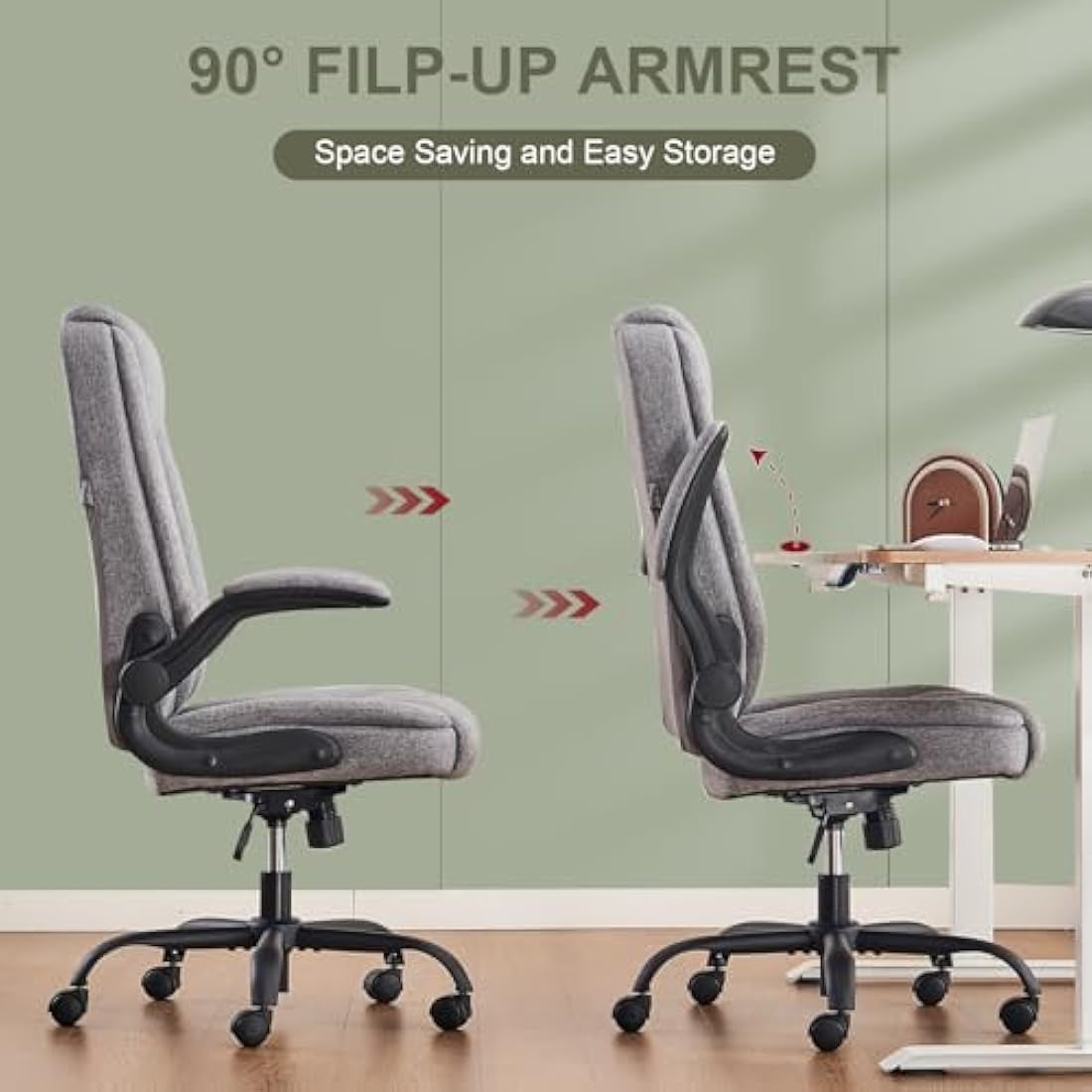 CASTLOVE Ergonomic Office Chair Computer Chair Executive Office Chair with Flip Up Armrest High Back Rocking Function Height Adjustable Comfortable Desk Chair for Home Office Fabric Grey