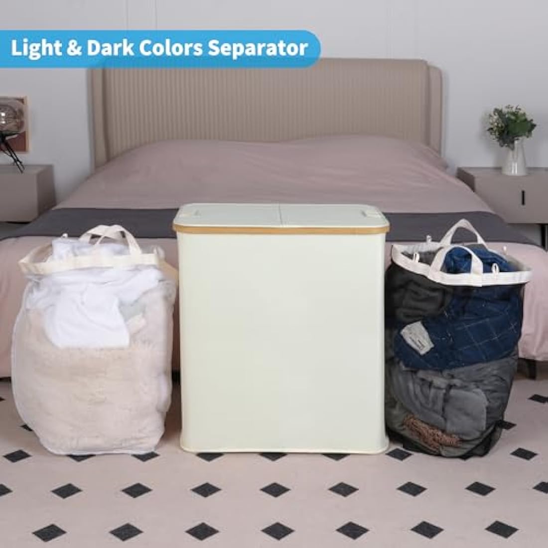 efluky 140L Laundry Baskets with Lid 2 Compartments, Large Laundry Hamper, Double Laundry Basket Storage with 2 Removable Bags, Beige