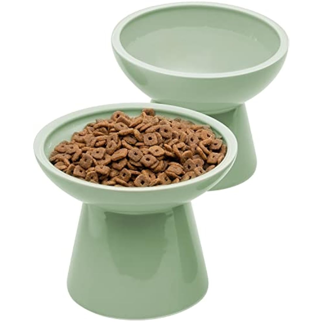 CEEFU 2 Extra Wide Elevated Cat Food Bowl, Ceramic Cat Bowls for Food and Water, Wide Shallow Cat Food Dish, Whisker Fatigue, Lead & Cadmium Free, Great Height for Cat, Sage Green