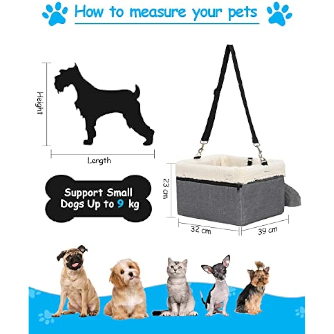 UNICITII Dog Car Seats for Small Dogs-Elevated Pet Dog Booster Seat for Dog,Raised Dog Lookout Car seat w/Clip-On Safety Leash Adjustable Pet Travel Seat, Grey-9 kg, (BGUN-PS002bb)