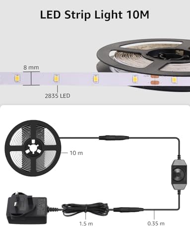 Lepro LED Strip Light Warm White 10M, 2000lm Dimmable LED Taple, 24V UK Plug in LED Strip with Dimmer Switch, 3000K Flexible Stick-on LED Lights for Bedroom, Kitchen, Cupboard, Shelf (1 Roll)