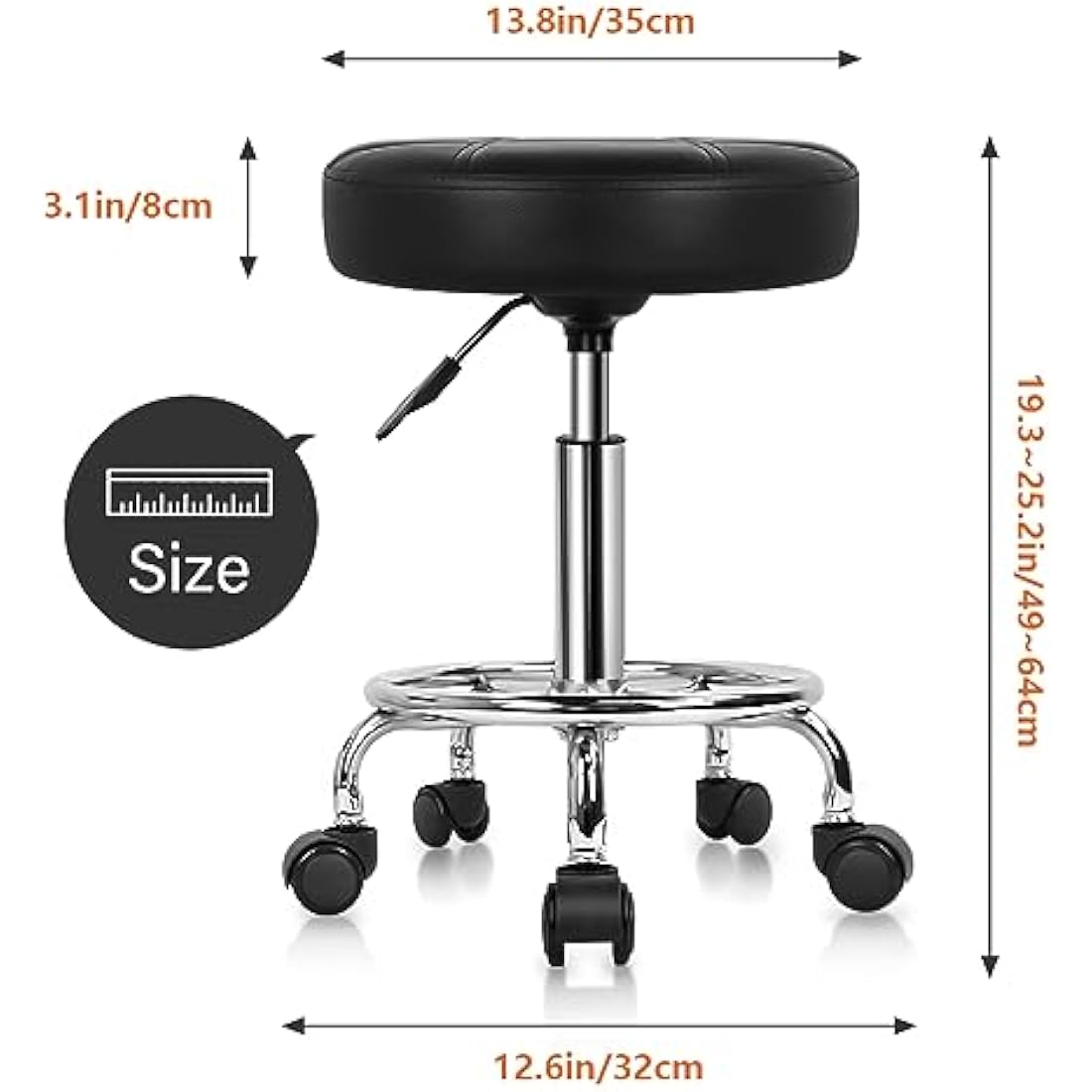 KKTONER Round Rolling Stool Chair PU Leather Height Adjustable Swivel Drafting Work SPA Shop Salon Stools with Wheels Office Chair Small (Black)