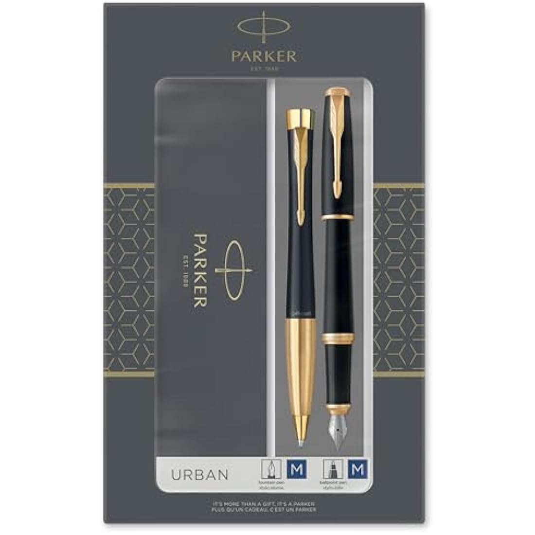 Parker Urban Duo Gift Set with Ballpoint Pen & Fountain Pen| Muted Black with Gold Trim | Blue Ink Refill & Cartridge