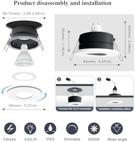 Sweier 6 Pack GU10 Dimmable LED Downlights IP65 Waterproof-5W 450LM Cool White 6000K Recessed Ceiling Spotlights,70mm Cutout,Die-Cast Aluminium,SCR Dimmer Compatible for Bathroom Kitchen Living Room