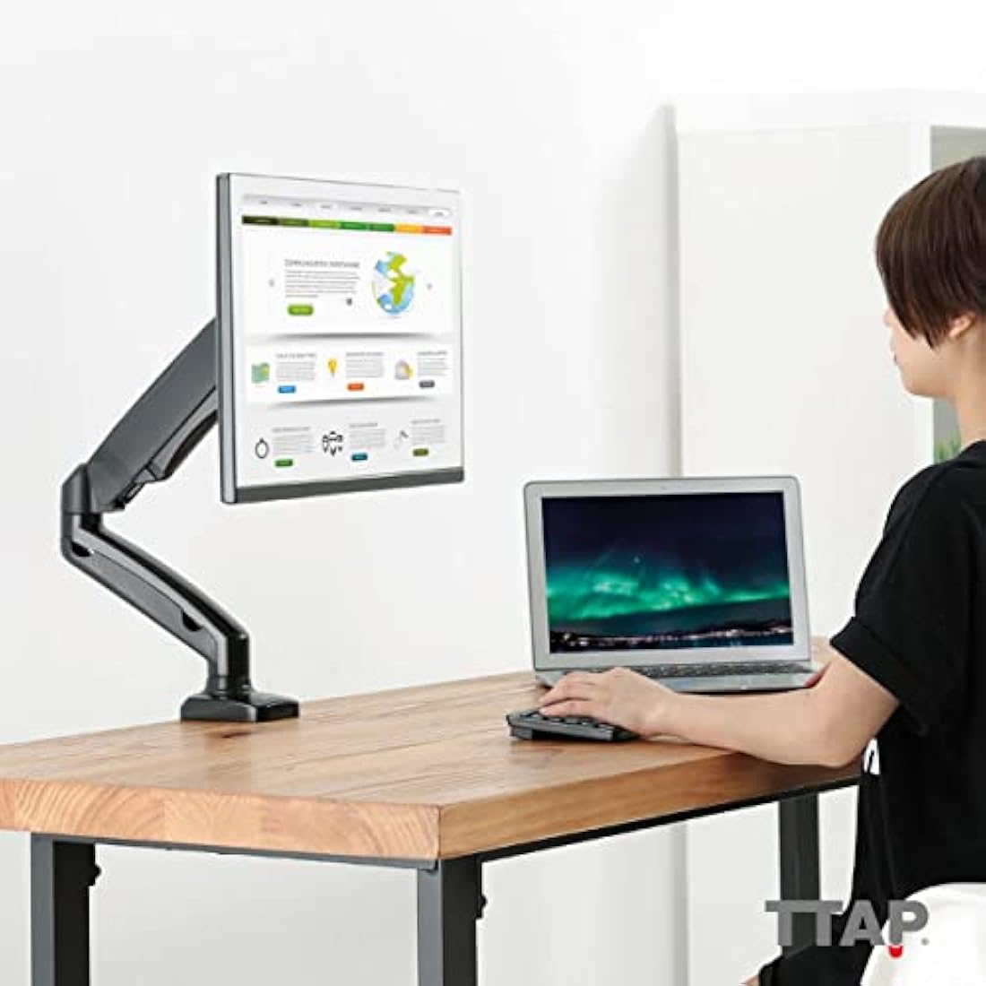 TTAP Single Gas Spring Monitor Arm Desk Mount Height Adjustable Fits 17” to 32" Monitors Maximum 9KG weight with VESA 75x75 and 100x100mm Clamp and Grommet Base Full Motion Monitor Mount