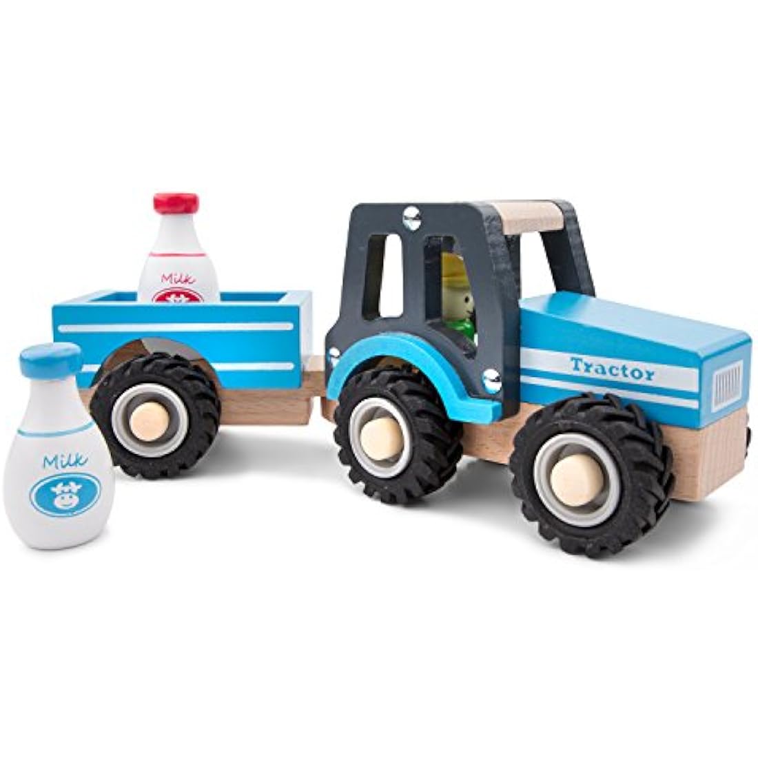 New Classic Toys 11942 Wooden Tractor with Trailer and Milk Bottles for Children 18 Months and Up Boys and Girls Baby Gifts, Blue