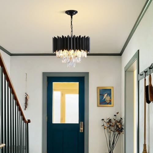 Modern Crystal Chandeliers 3-Tier K9 Round Crystal Chandeliers Light Fixture Small Black Ceiling Light Fixture for Dining Room Living Room Bedroom Entryway ，E14*5Light