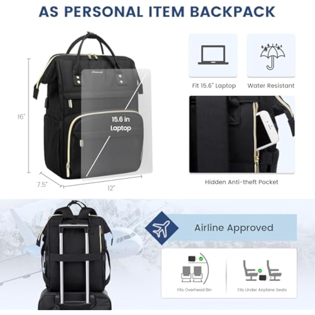 LOVEVOOK Laptop Backpack Womens, Large Travel Casual Daypack Waterproof Bag with USB Charging Port, fits 15.6 for Women Work School Business College Rucksack, Black
