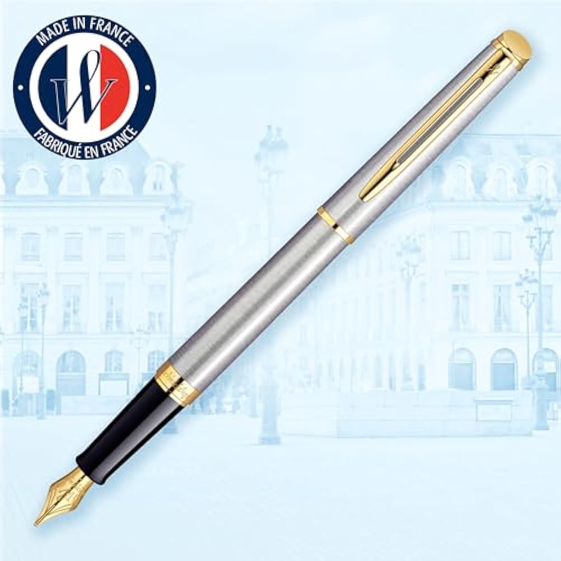 Waterman Hémisphère Fountain Pen | Stainless Steel with 23k Gold Trim | Fine Nib | Blue Ink | Gift Box