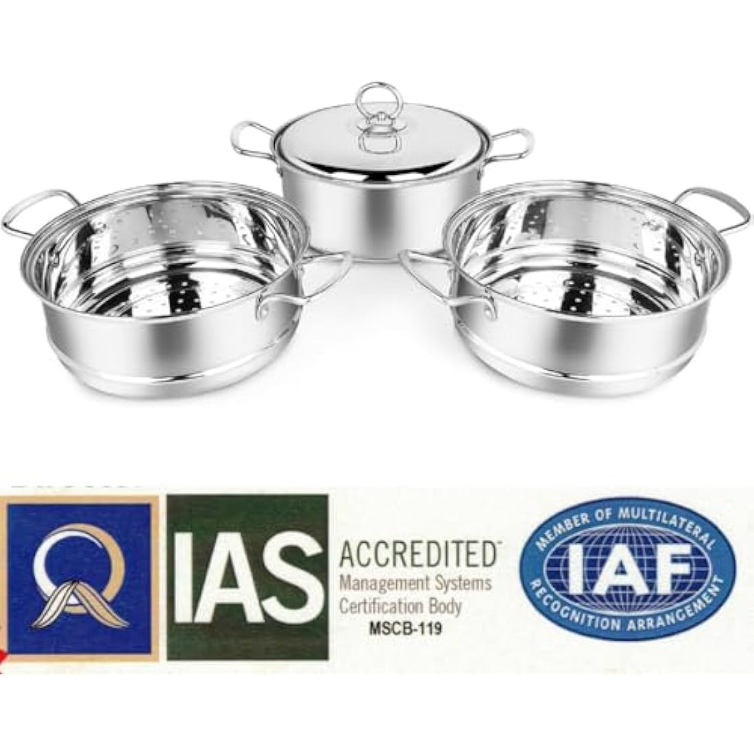Penguin Home 3 Tier Stainless Steel Food Steamer Pan Set, Induction Safe Stainless Steel Lid with Knob, Sturdy Steel Handles, Kitchen Pan Steamer Set for Cooking, (20 Cm) Silver