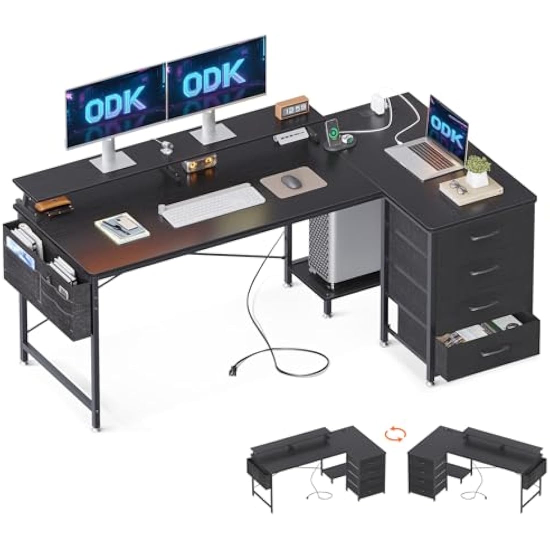 ODK Corner Desk with Drawers, L Shaped Computer Desk 160x80cm with USB Charging Port & Power Outlet, Home Office Desk with Monitor Stand and PC Stand, Gaming Desks Workstations, Black