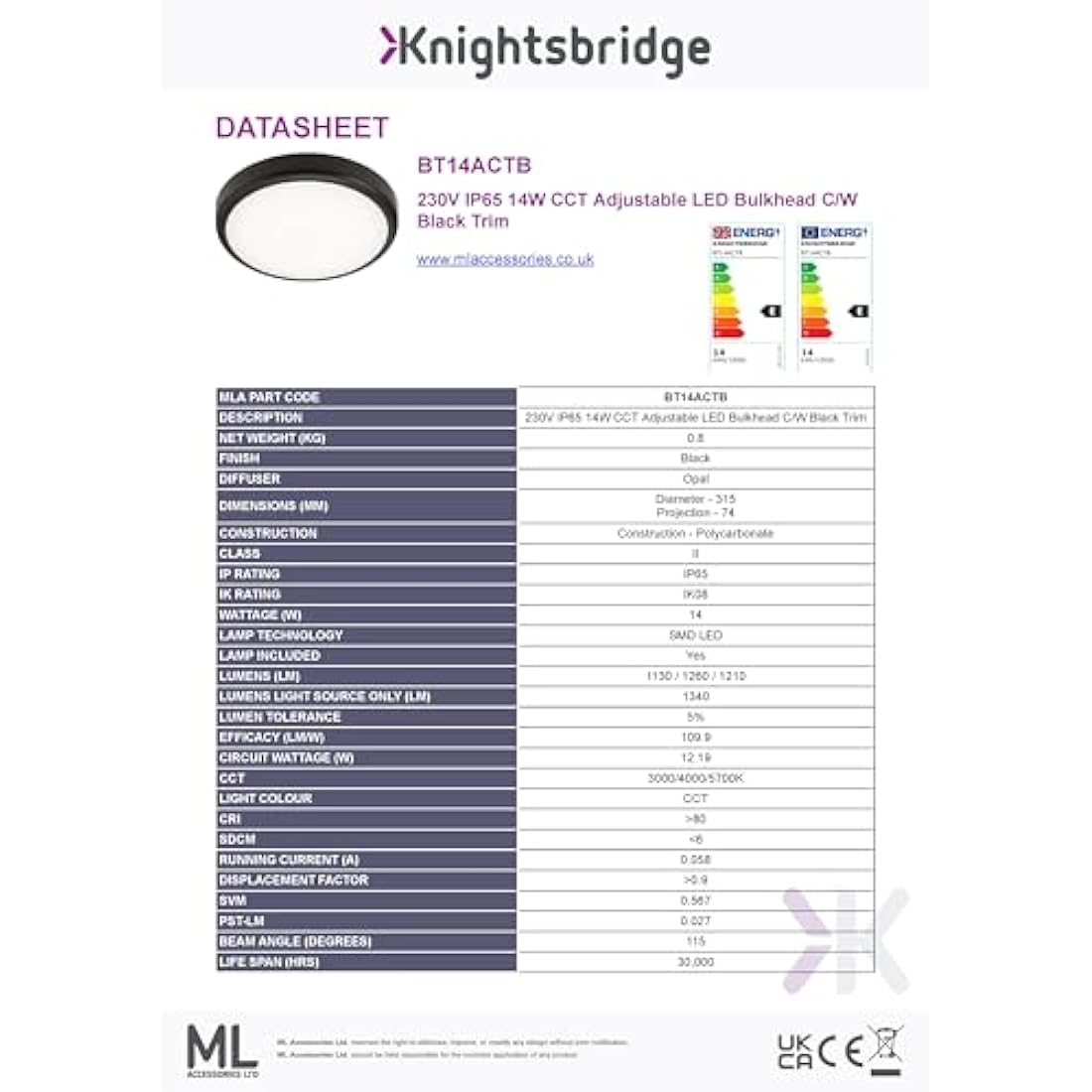 Knightsbridge LED Bathroom IP65 14W CCT Adjustable Wall or Ceiling mounting Bulkhead Fitting with Black Trim