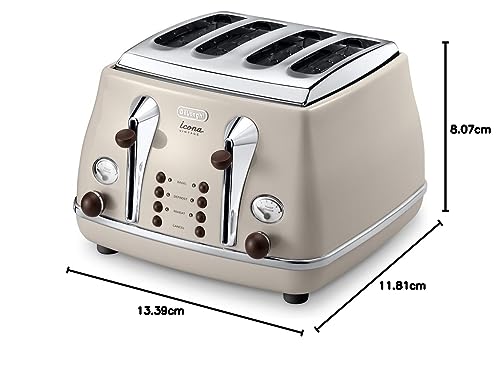 De'Longhi Icona Vintage 4 slot toaster, reheat, defrost, one-side bagel & 6 browning settings, CTOV4003BG, Beige