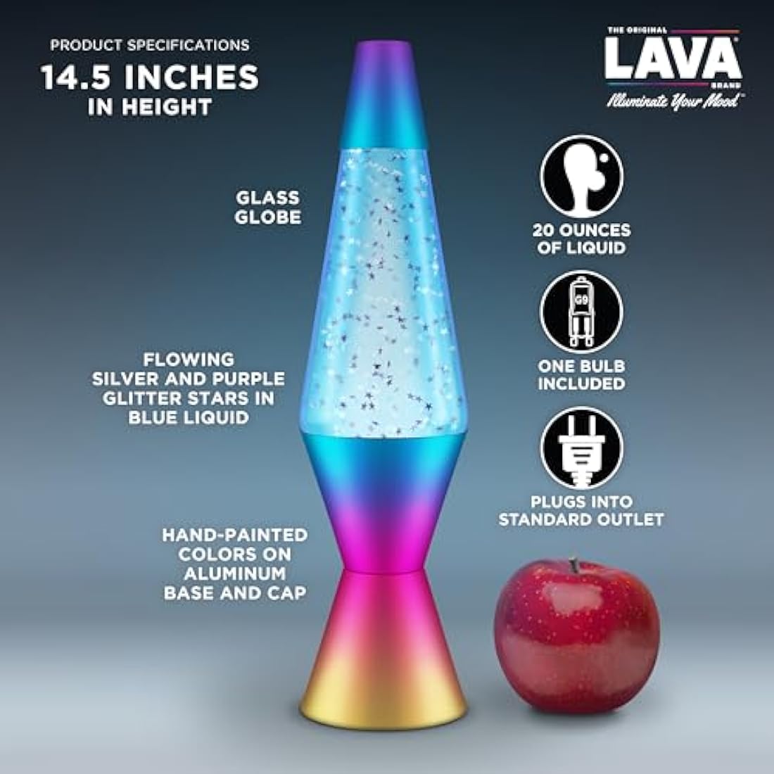 Lava Lamp 2456, Chrome Star Glitter, Clear Liquid, Decorative Base and Cap, Original 14.5 inch LAVA® Motion Lamp to Illuminate Your Mood, Green