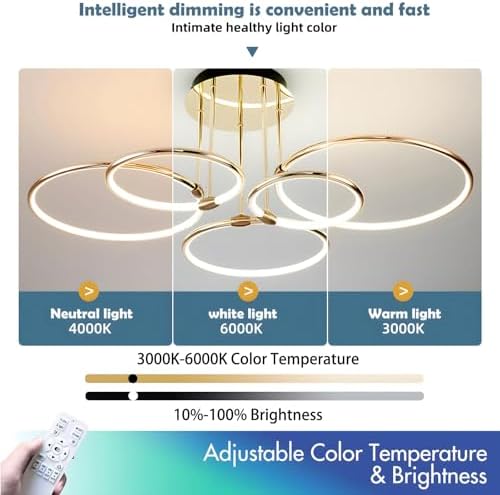 YYUTLUO LED Ceiling Light, Ø93cm Gold Metal Circle Chandelier, 108W Stepless Dimmable 3000-6000K, Modern Round Electroplate Pendant, Bedroom Living Children Office Study Kitchen Hallway(5 Ring)