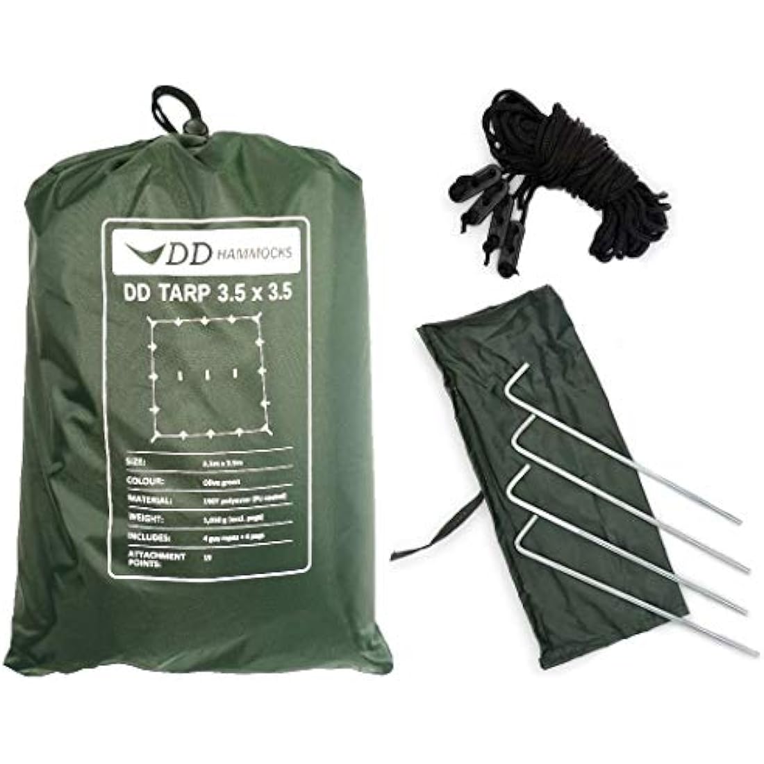 DD Hammocks - DD Tarp 3.5 x 3.5 - Olive Green - Fully Waterproof Lightweight Tarp Shelter For Outdoor Hammock Camping And Bushcraft