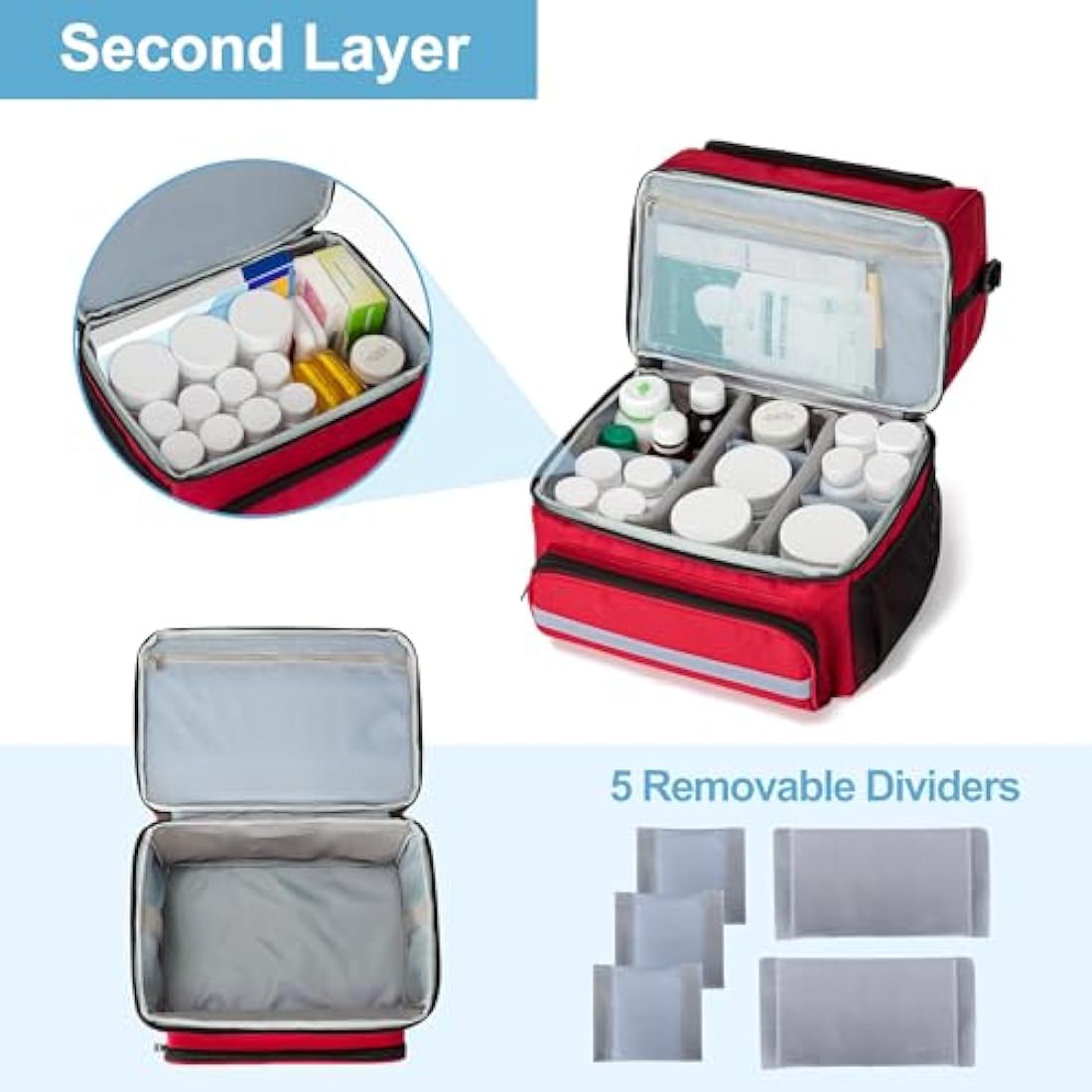 CURMIO Double Layer Medicine Storage Bag Empty, Family First Aid Organiser for Emergency Medical Kits, Portable Medicine Supplies Bag for Home and Travel, Red