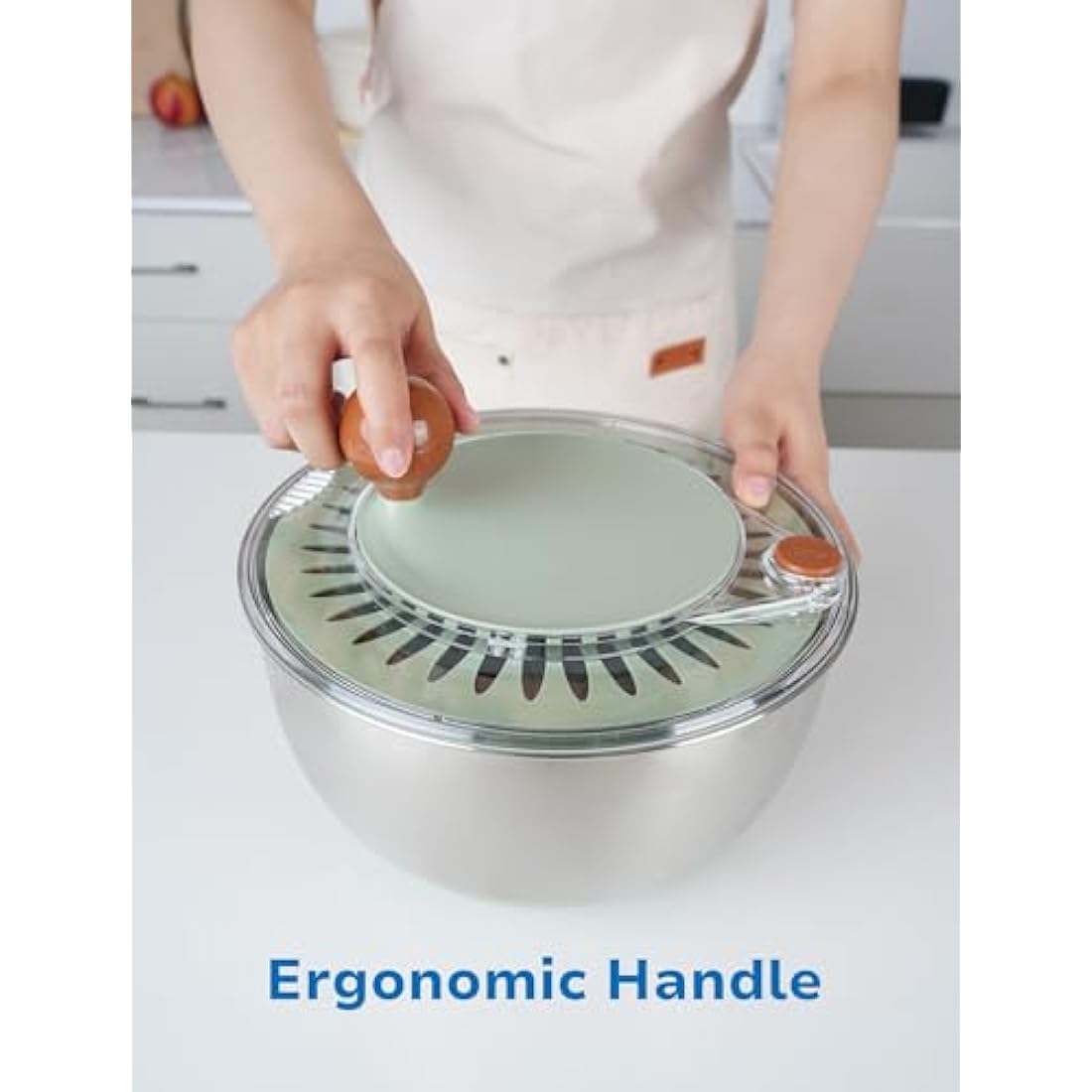 Lunememo Stainless Steel Salad Spinner, Lettuce Spinner with Drain, Non-Slip Base, Stop Button, Vegetable Dryer, BPA Free, 5L