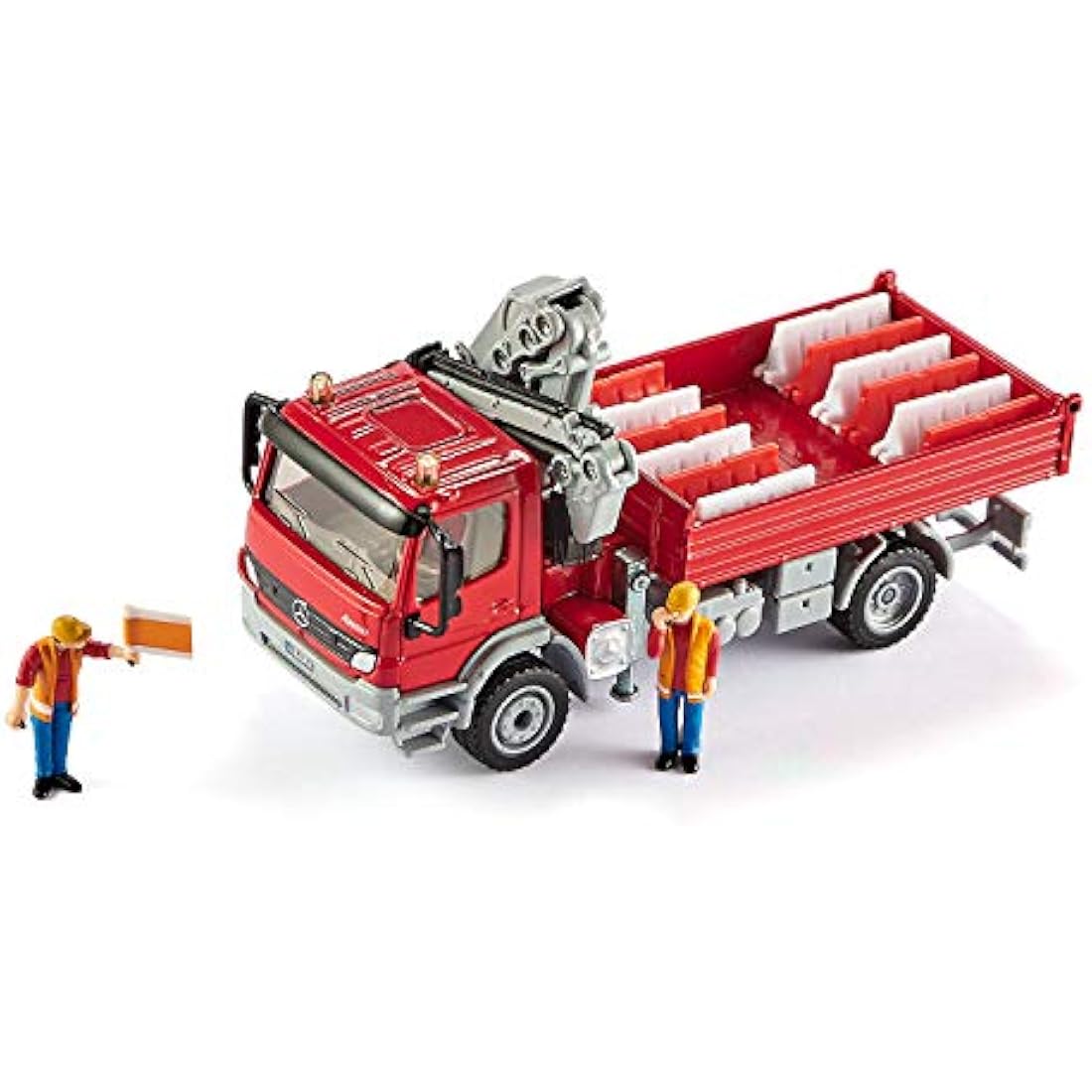 siku 3534, Lorry with Loading Area and Crane, 1:50, Metal,Plastic, Red, Incl. 2 toy figures and 12 traffic barriers