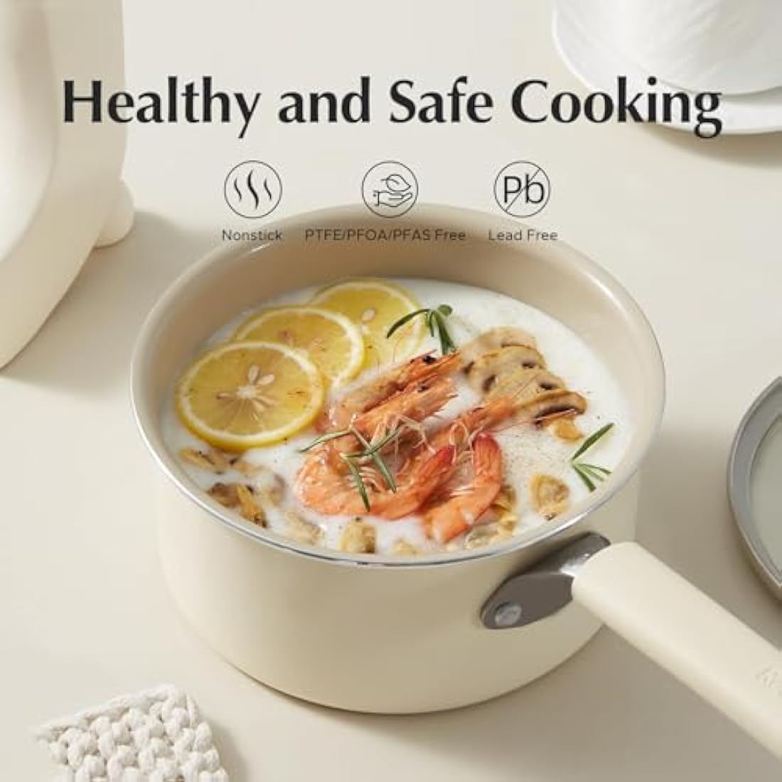 Redchef Ceramic Nonstick Saucepan with Lid,16cm Small Cooking Pot, Non Toxic Sauce Pans for Kitchen, Cool Handle PFAS Free Compatible with All Cooktops, White