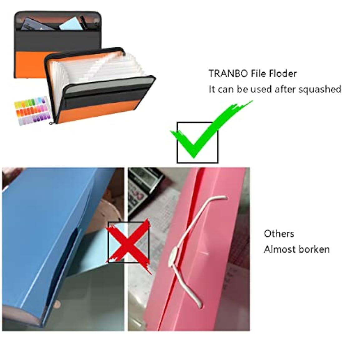 TRANBO 13 Pockets Expanding File Folder with Zipper Closure, A4 Plastic Document Wallet Organizer with Handy Front Pocket for Personal Office Stationary Storage