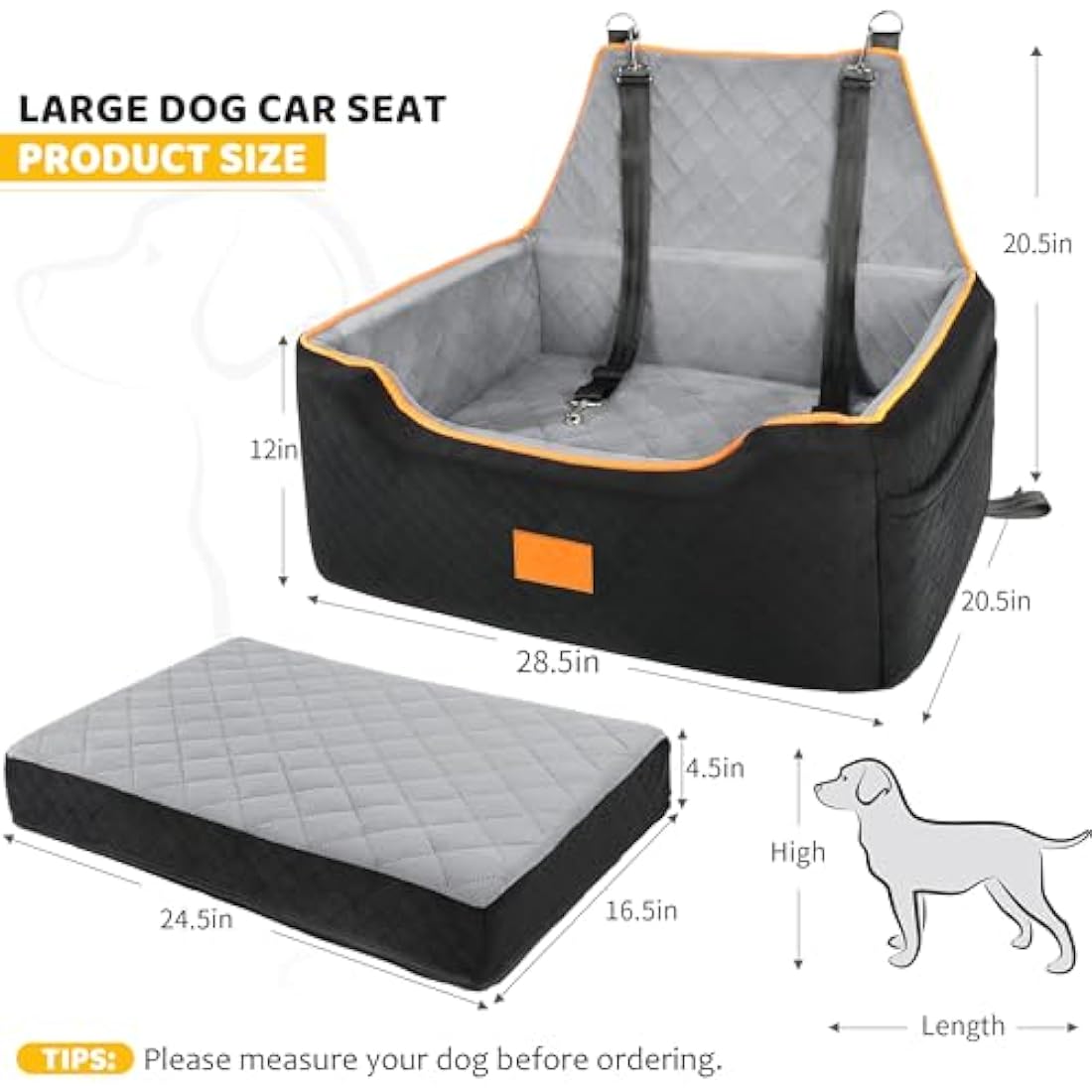 GL GLENSLAVE Dog Car Seat for Large/Medium Dogs, Dog Booster Seat for Pet Under 55Lbs or 2 Small, Detachable and Washable Travel Pet Bed with Thick Cushion and Storage Pockets (Black/Grey)