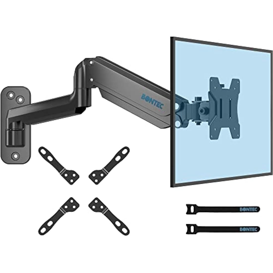 BONTEC Wall Mount for 13-42 Inch Screens, Gas Spring Monitor Arm Holds Up to 8kg, Adjustable Tilt Swivel Mount, Single Arm With VESA Extension Kit Fit VESA 75/100/200