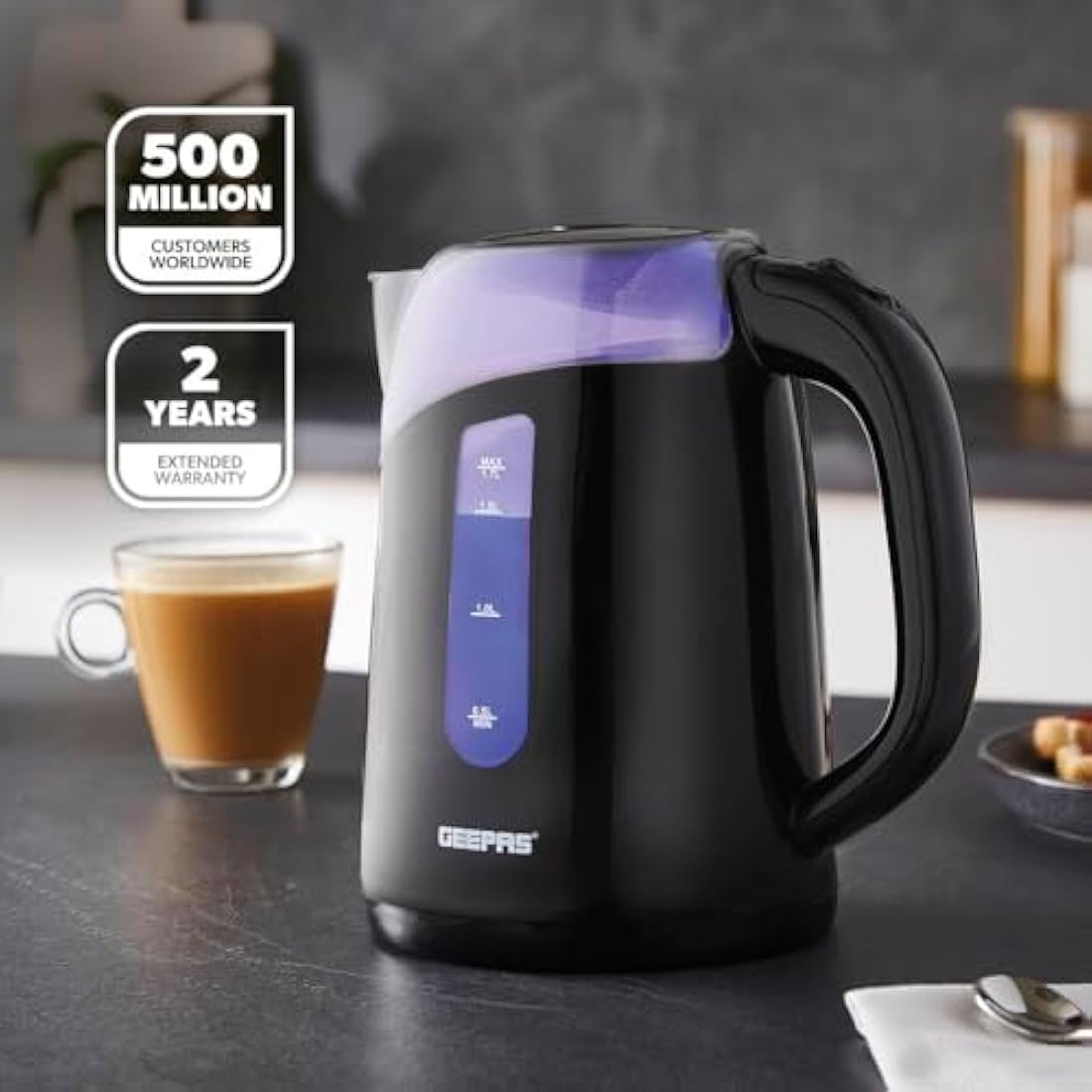 GEEPAS Illuminating Electric Kettle | 1.7L Cordless Jug Kettle with LED Lighting for Hot Water Tea or Coffee | Boil Dry Protection & Auto Shut Off | Swivel Base with Auto Lid Open | 2200W Black