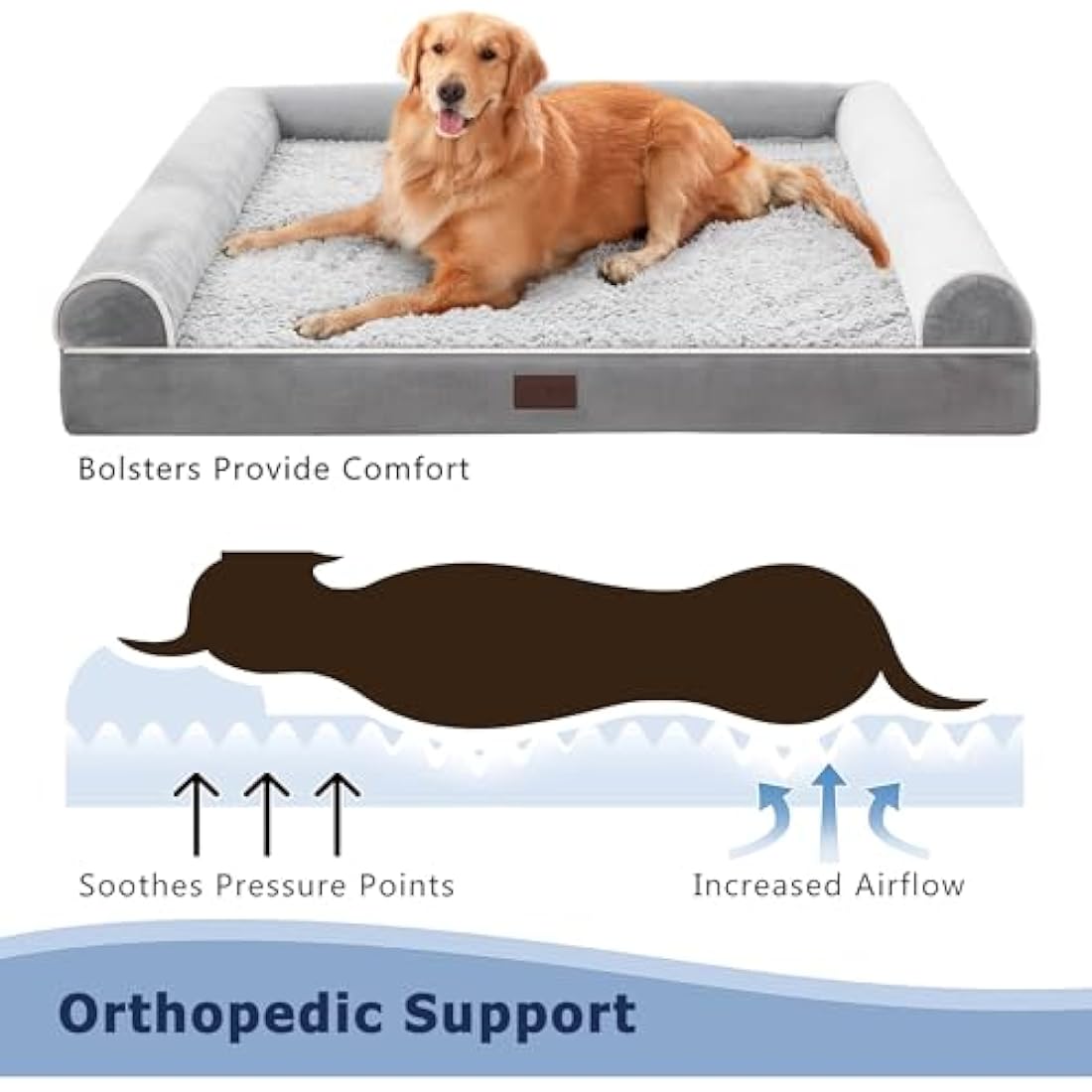 WESTERN HOME Dog Beds Large Washable, Soft Orthopedic Dog Beds with Removable Washable Cover, Extra Large Waterproof Pet Bed with U-Shape Bolster Grey, 127 x 91 x 19 cm