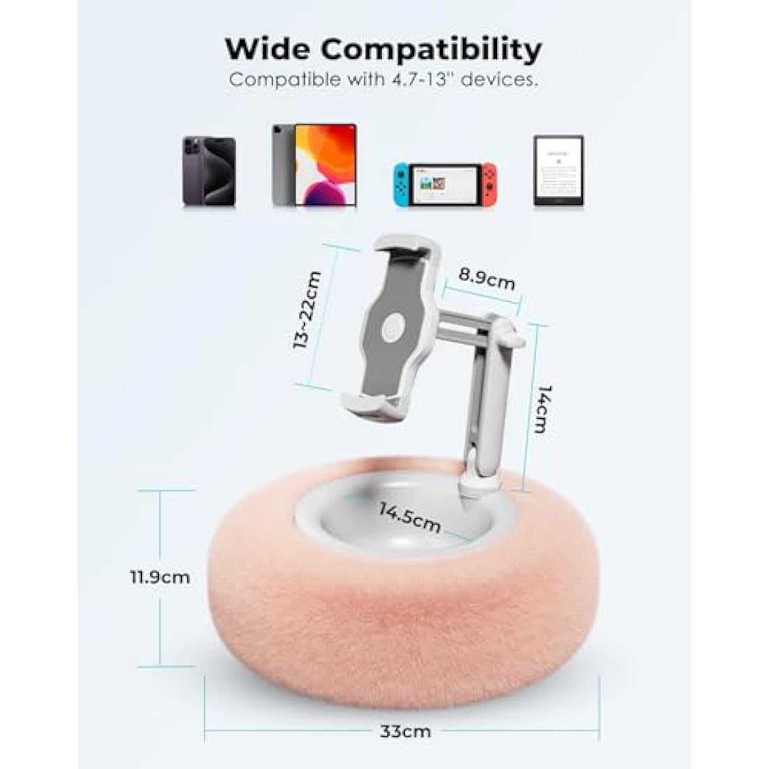 Viozon Tablet Stand with Pillow, Kindle Holder, Compatible with 4.7"-13" Phone/Tablet, iPad, iPhone, Google, Kindle, 360°Adjustable Phone Holder for Bed with Soft Plush Fabric, Detachable Bowl, Pink