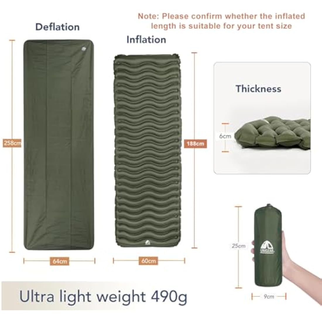 Unigear Ultralight Inflatable Sleeping Pad, Compact Air Camping Mat,Lightweight Camping Mattress for Backpacking, Hiking and Traveling