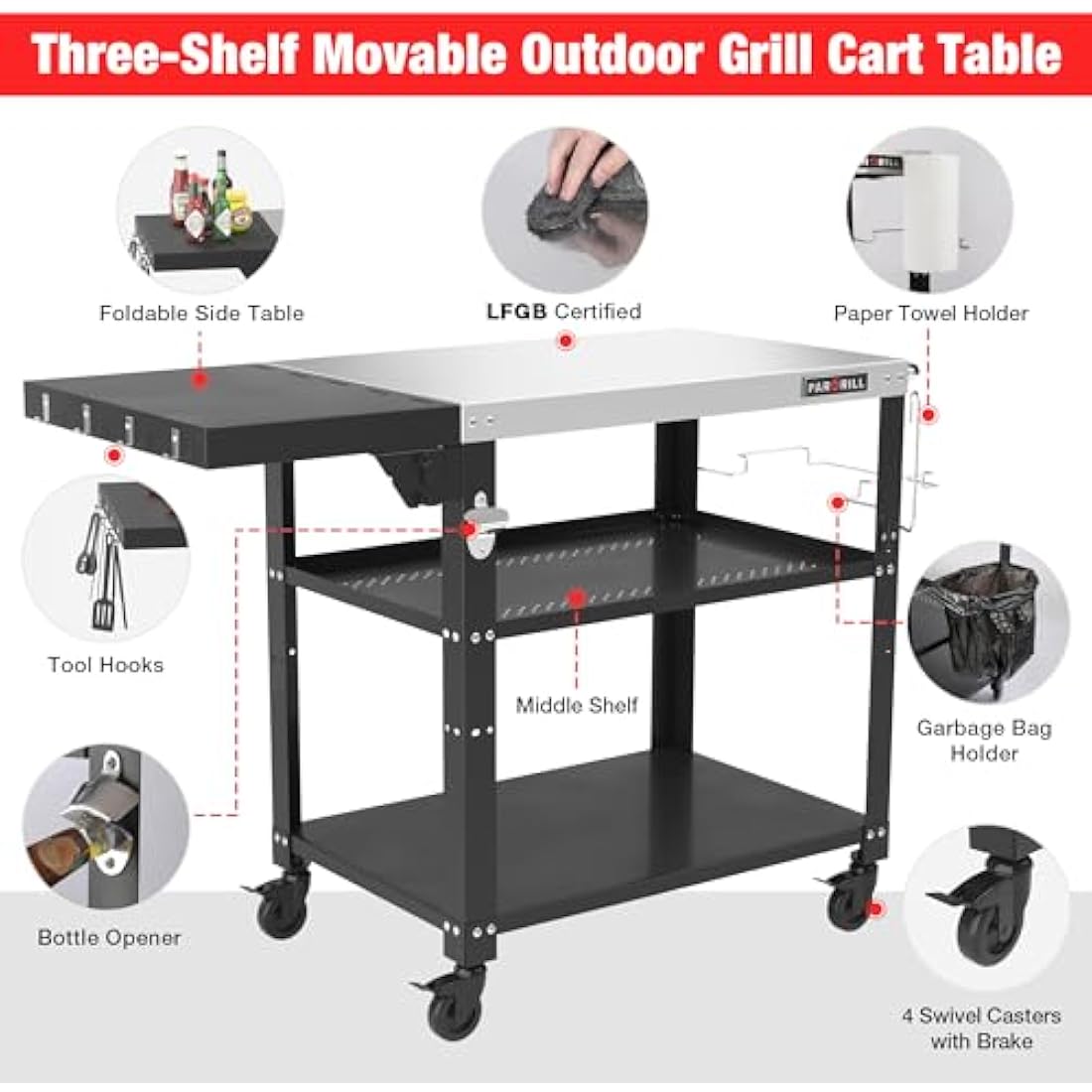 PARGRILL Outdoor Grill Dining Cart, 3-Tier BBQ Table, Movable Food Prep Table with Foldable Tabletop, Stainless Steel Pizza Oven Table with 4 Swivel Wheels, Multifunctional Grilling Table