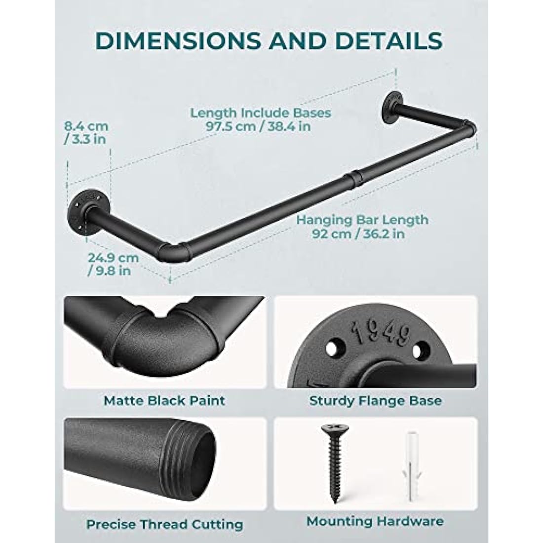 OROPY Industrial Pipe Clothes Bar Rack, Set of 2, 92cm Wall Mounted Detachable Retro Metal Garment Hanging Storage Rail (Double Base)