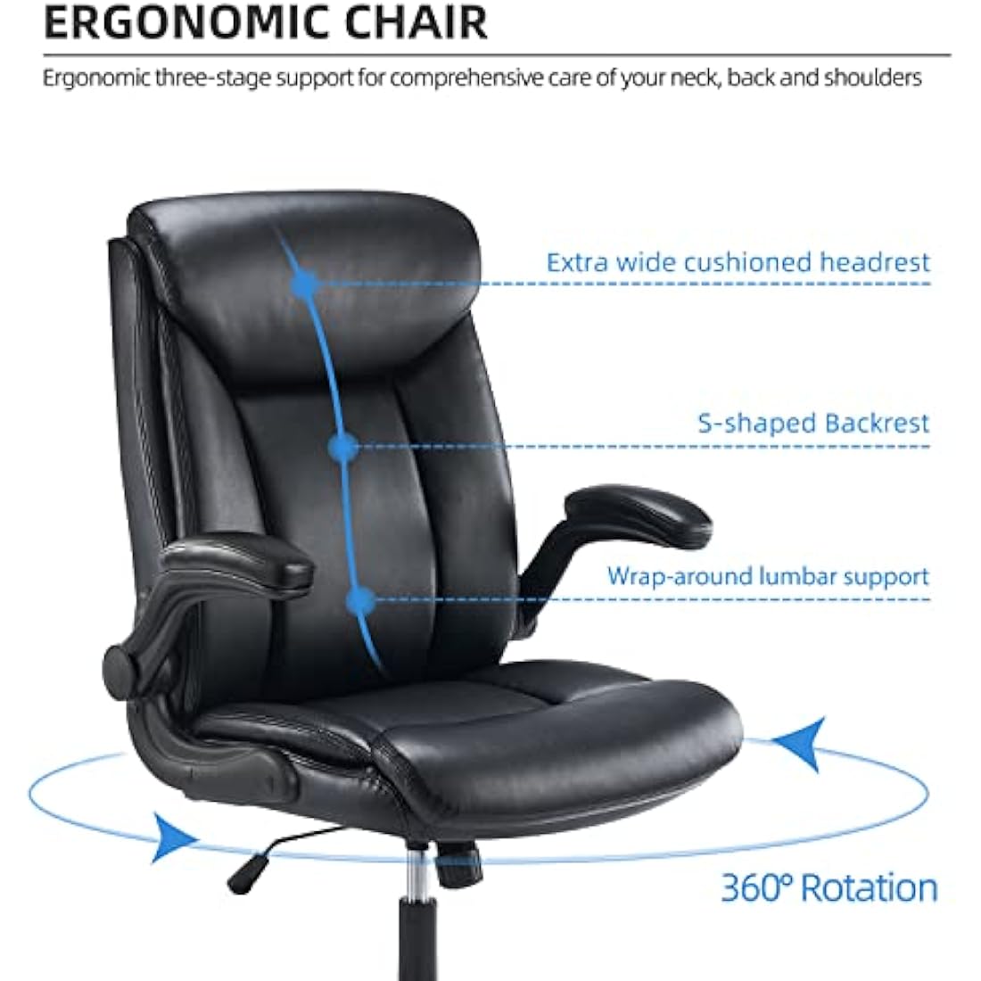 MZLEE Ergonomic Executive Office Chair Swivel Work Chair Computer Desk Chair with Flip-up Armrest, Adjustable Height (Black)