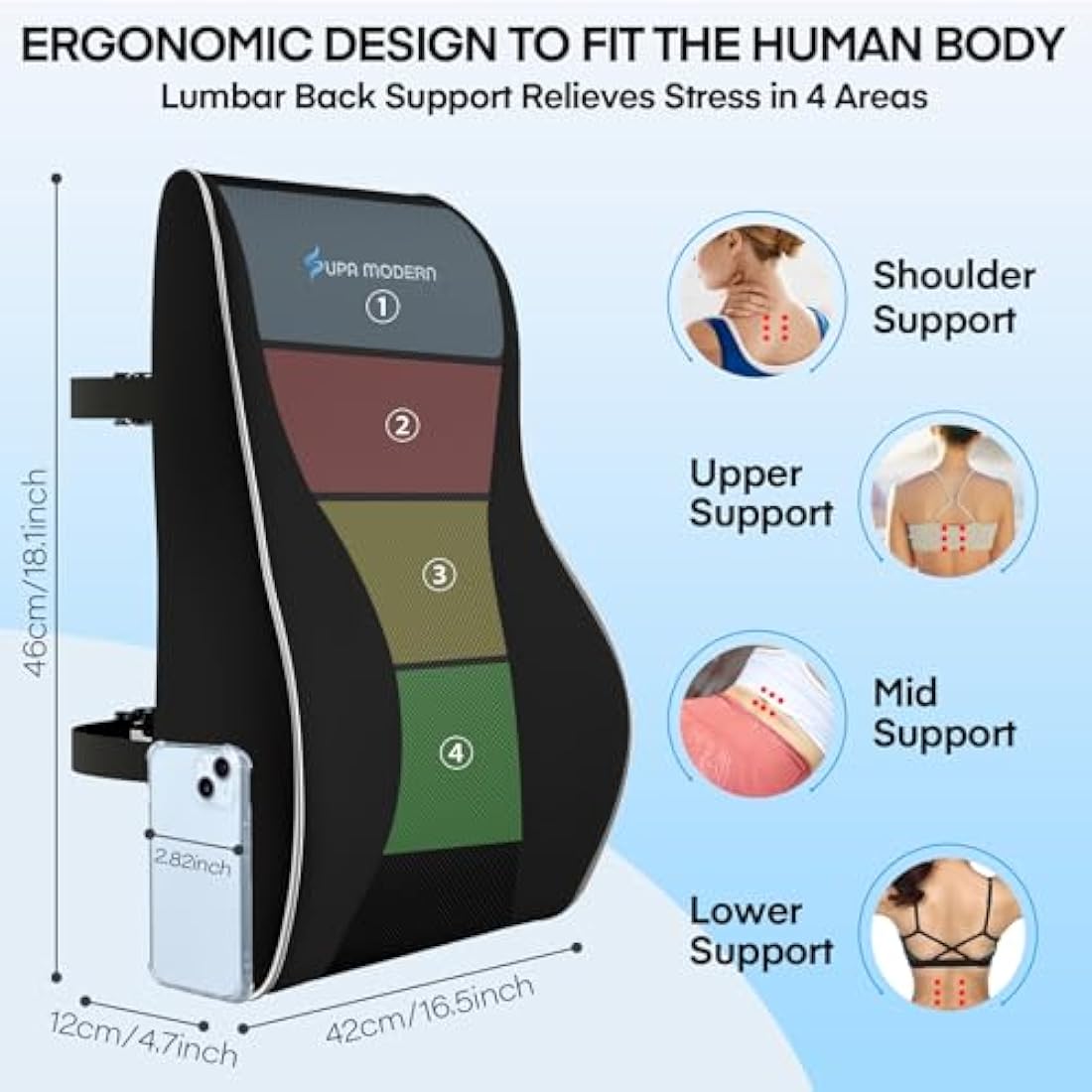 SUPA MODERN Lumbar Support Pillow for Office Chair, Memory Foam Back Cushion, Car Seat Back Pillows with Breathable Lumbar Support Cover Adjustable Straps