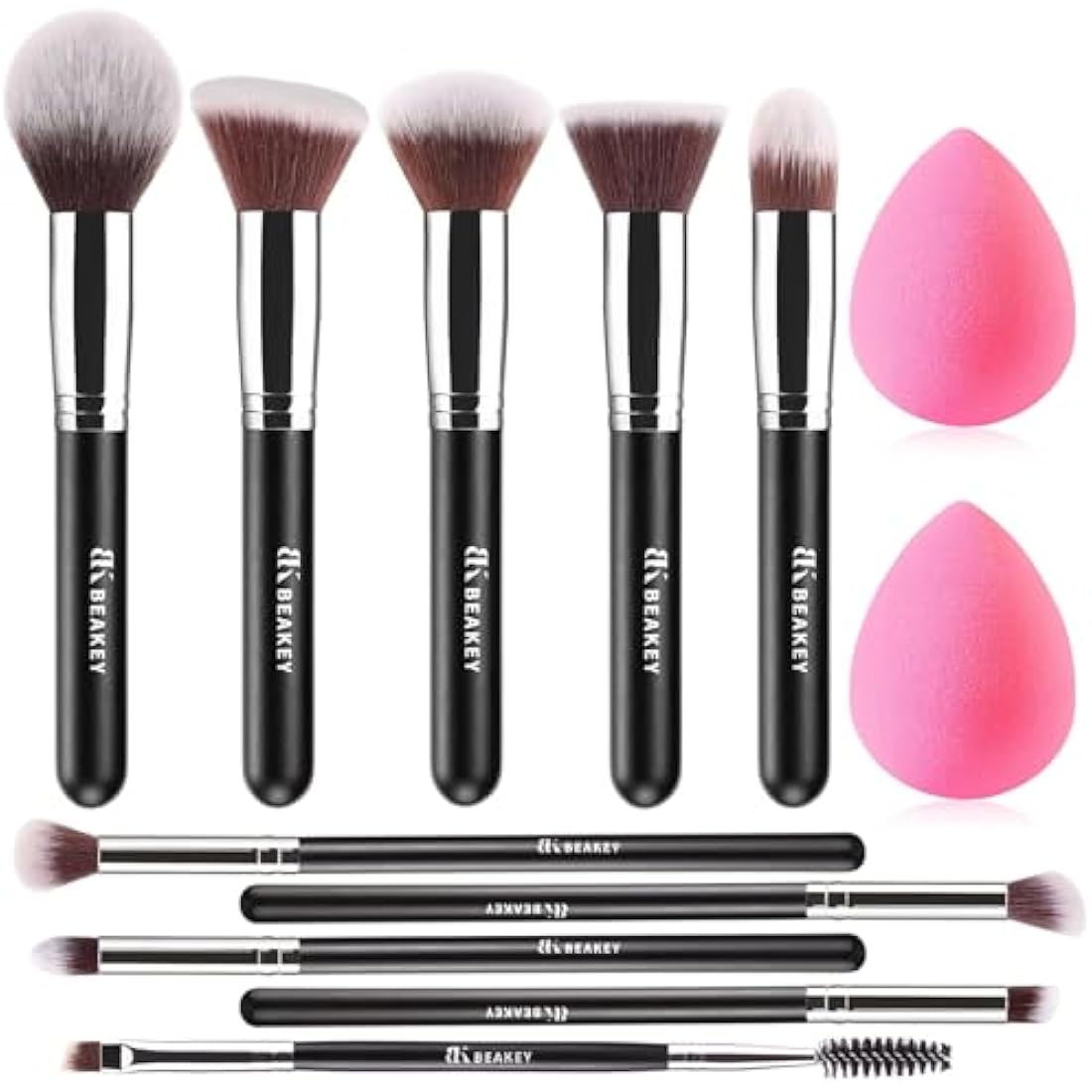 BEAKEY Diversity Make up Brushes 12Pcs Makeup Kit, Premium Synthetic Kabuki Foundation Face Powder Concealers Eyeshadow Blush Brushes Make up Brushes Set, with 2pcs Blender Sponges (Black/Silver)