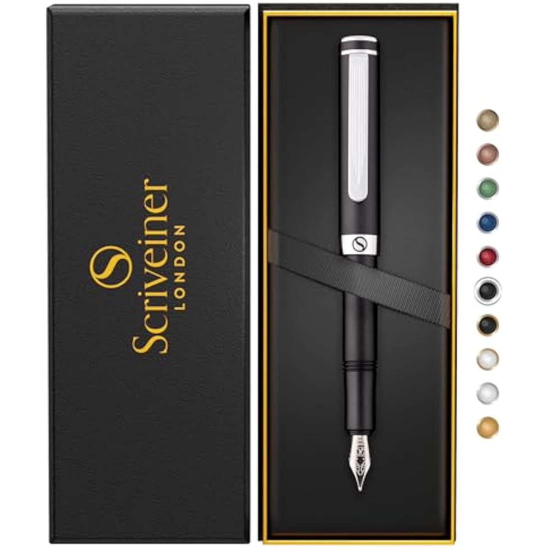 Scriveiner Luxury EDC Fountain Pen (Fine), Stunning Matt Black with Chrome Finish, Schmidt German Nib, Converter, Best Writing Gift Set for Men & Women, Nice Fancy Office Designer Pocket Pen