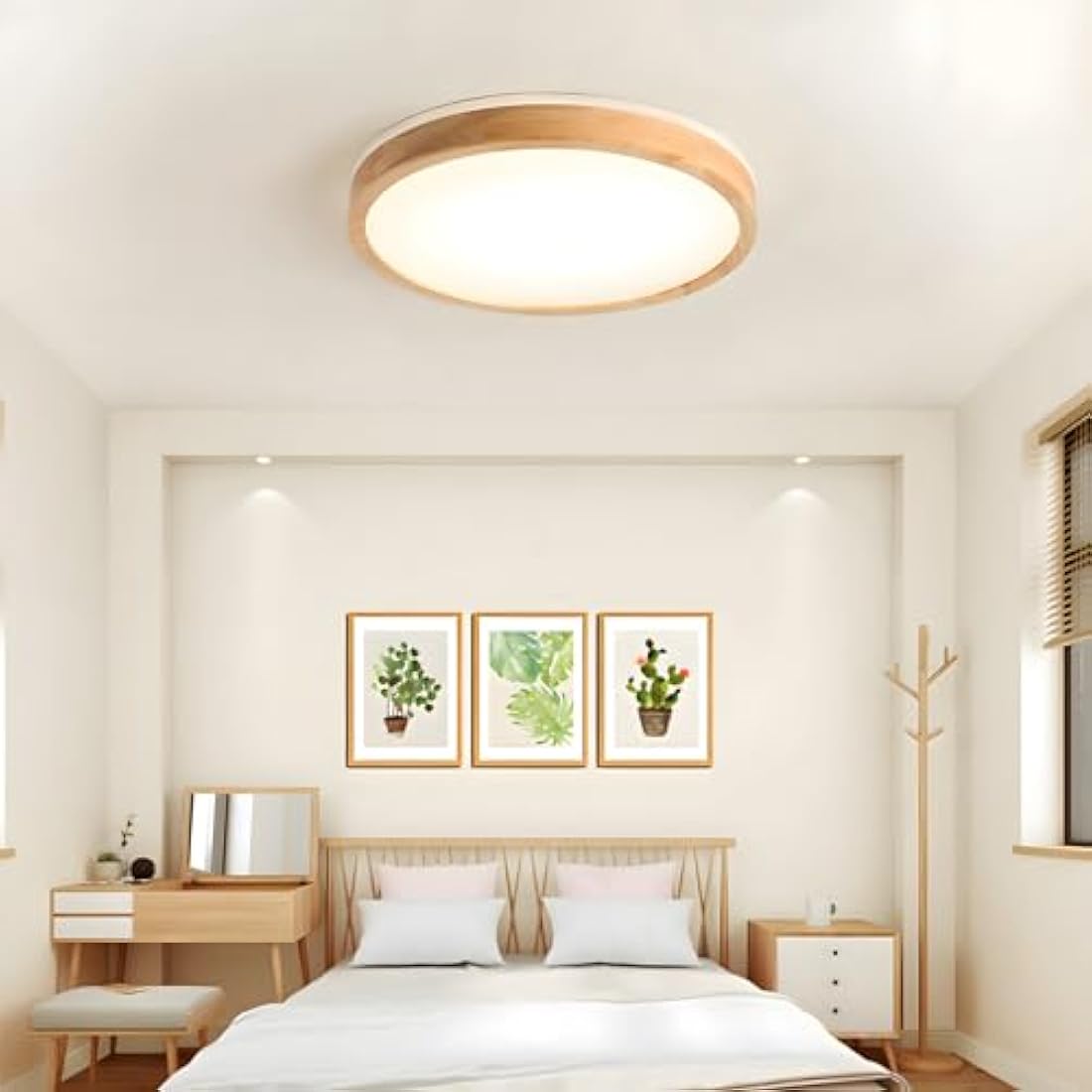 WayLuoung Wood LED Ceiling Light | Ø50cm 3000-6000K 36W | Round Top 360° Glow Natural Wooden Lamp, Bedroom Living Room Children's Room Kitchen Dining Room Home Office (Dimmable with Remote Control)