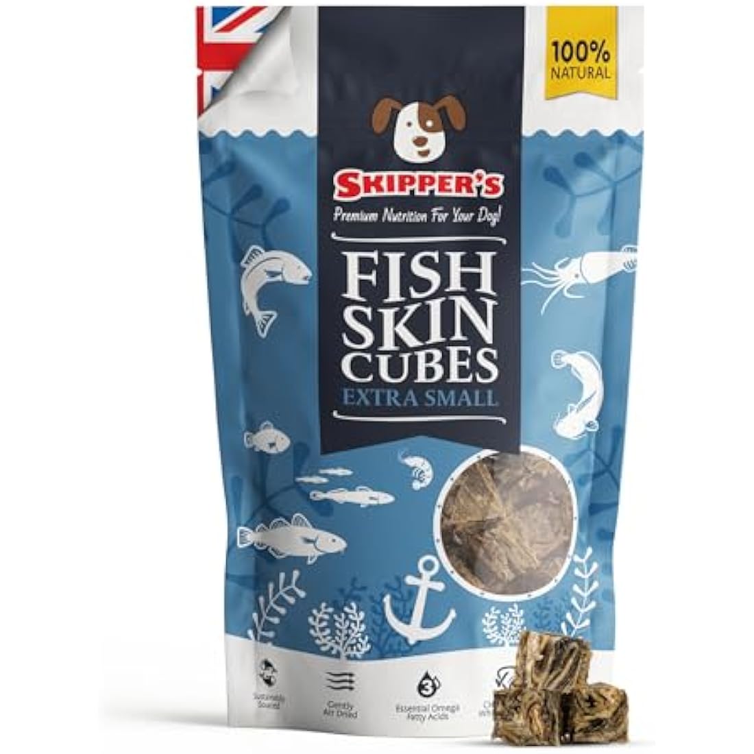 SKIPPER'S Fish Skin Jerky Cubes - Gently Air Dried Dog Treats, Healthy & Natural Treat for Dogs, Hypoallergenic Grain Free, High in Protein & Low Fat | Great for Teeth (Cube Size Extra Small,1kg Pack)