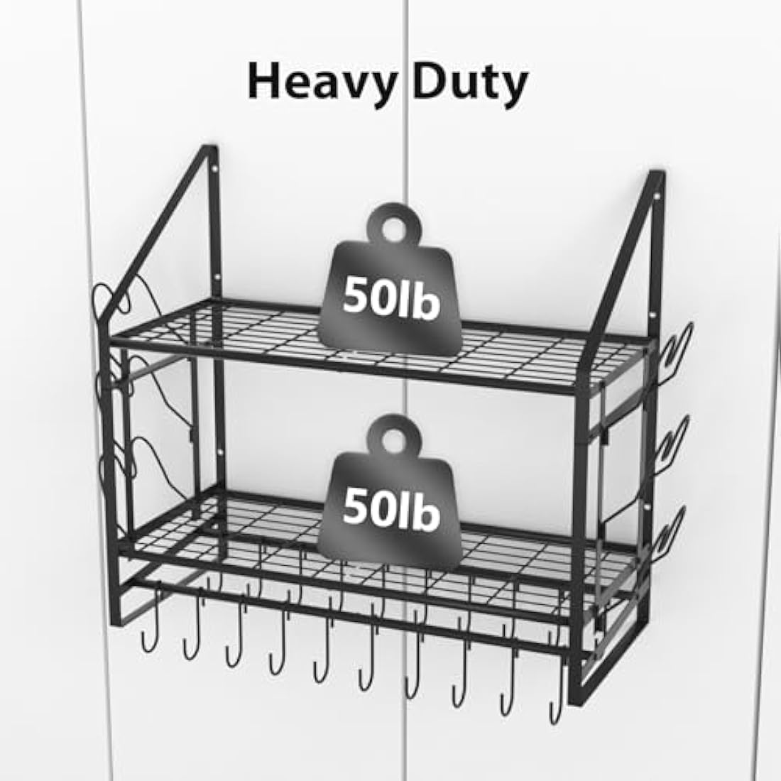 VyGrow 35 Inch Pot Rack Wall Mounted, 2 Tier Pots and Pans Organizer with 20 Hooks and 6 Pot Lid Holders, Heavy Duty Steel Pot and Pan Hanger for Kitchen Cookware Utensils Storage 34.7" Lx13 Wx26.4 H