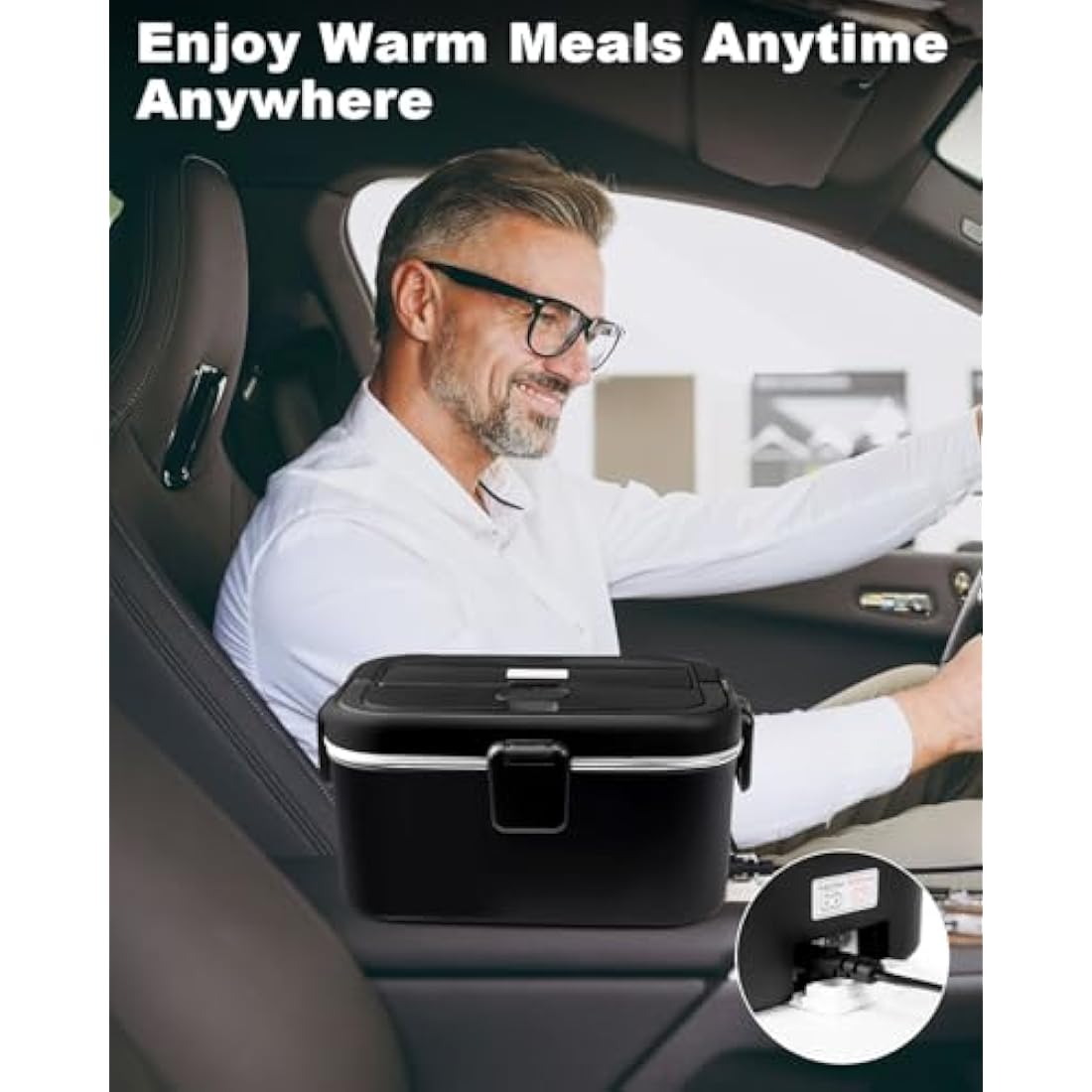 AUTOPkio Electric Lunch Box 1.8L 80W, 12V 24V 220V Upgraded Heated Lunchbox Large Heating Food Warmer with Carry Bag Fork Spoon for Car Truck Office (Black)