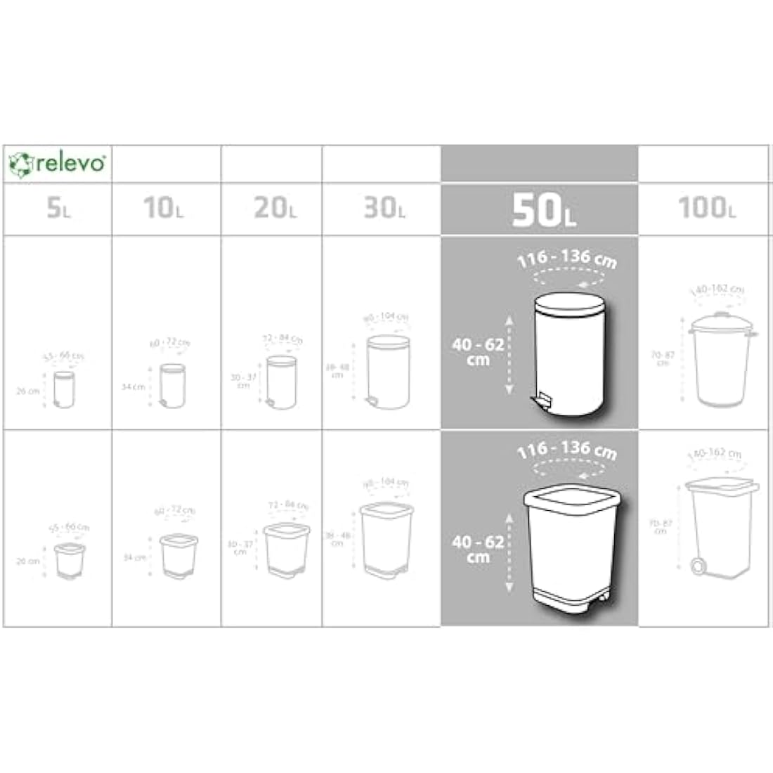 Relevo Bin Bags 50 Litre – Made from 100% Recycled Material. Dimensions: 70 cm x 75 cm. Includes 30 Bin Liners 50L