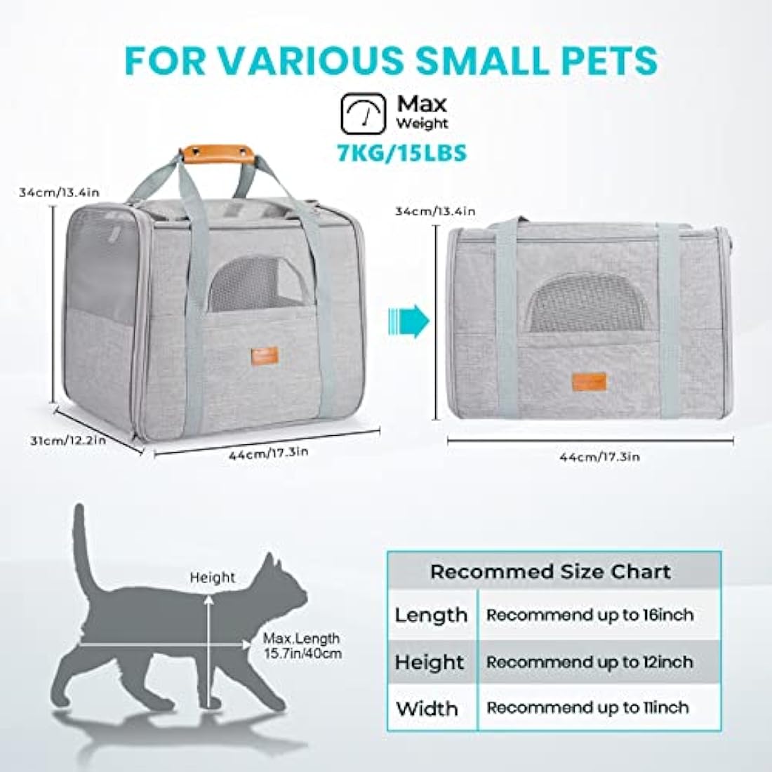 Morpilot Cat Carrier, Airline Approved Pet Carrier, Portable Dog Bag Carrier, Breathable Small Pet Carrier Travel Cage with Adjustable Shoulder Strap and Pet Bowl Light Grey