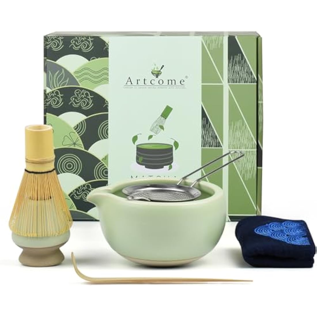 Artcome 7 Pcs Complete Matcha Tea Ceremony Kit - Bowl, Whisk, Scoop, Strainer, Powder, Set for Usucha, Koicha, Latte (Green)
