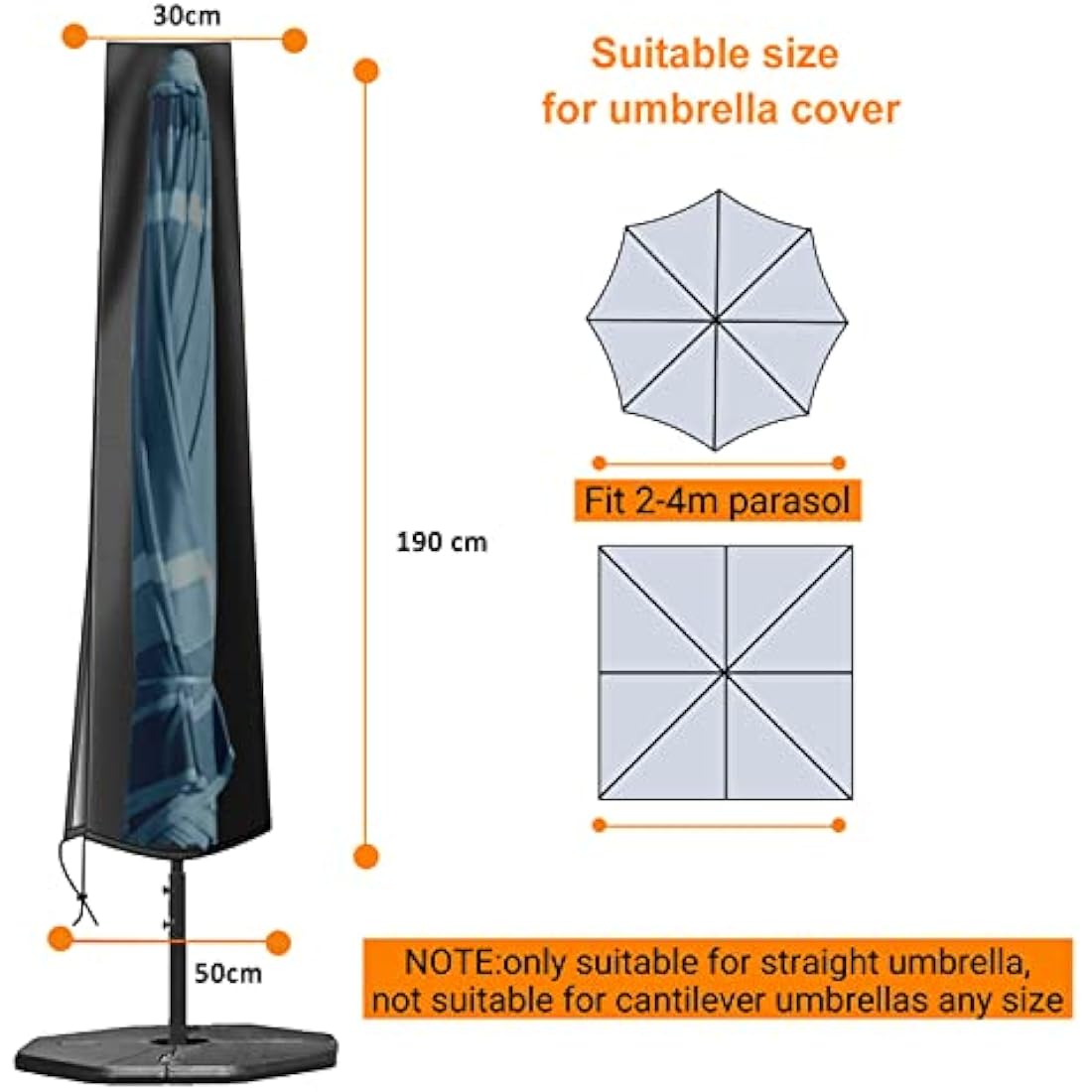 OKPOW Parasol Covers Waterproof 600D Oxford Fabric Patio Umbrella Cover with Zip (190 * 30 * 50cm), for 2m 2.2m 2.3m 2.4m 2.5m 2.7m 2.8m 3m Garden Outdoor Umbrella (Black)
