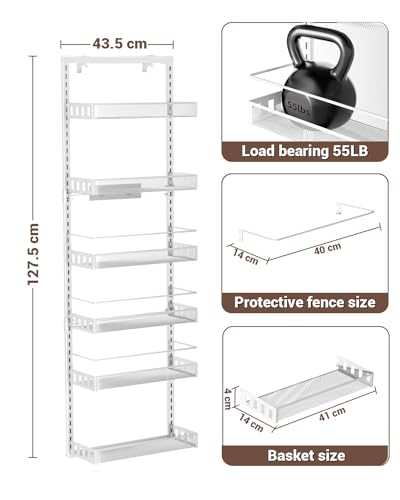 TOPWE Over Door Storage, 6-Tier Adjustable Pantry Door Organizer Shelves with Hook for Each Layer, Back Door Metal Hanging Spice Rack for Kitchen