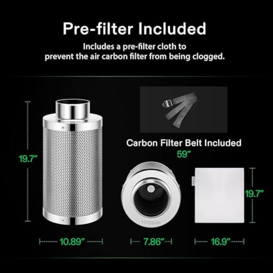 VIVOSUN 8 Inch Air Carbon Filter Smelliness Control with Australia Virgin Charcoal for Inline Duct Fan, Grow Tent,Pre-Filter Included, Reversible Flange 8"x 20"