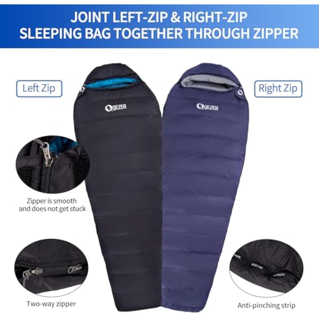 QEZER Down Sleeping Bag 4 Season, Lightweight Winter Sleeping Bag 0 Degree to -12 Degree C for Adults and Kid Camping, Hiking and Backpacking Outdoor Filled 600+FP Down