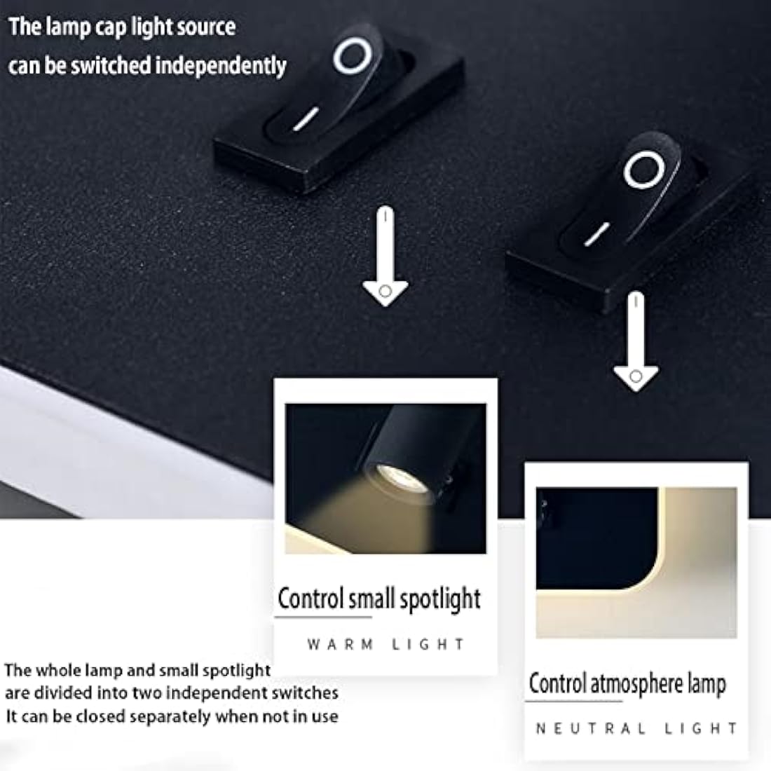 uksunvi LED Wall Mounted Lamp,Bedside Reading Wall Light,12W LED Wall Lamp, Adjustable Spotlight （3W +9W 3000K Warm Light） (Black Square)